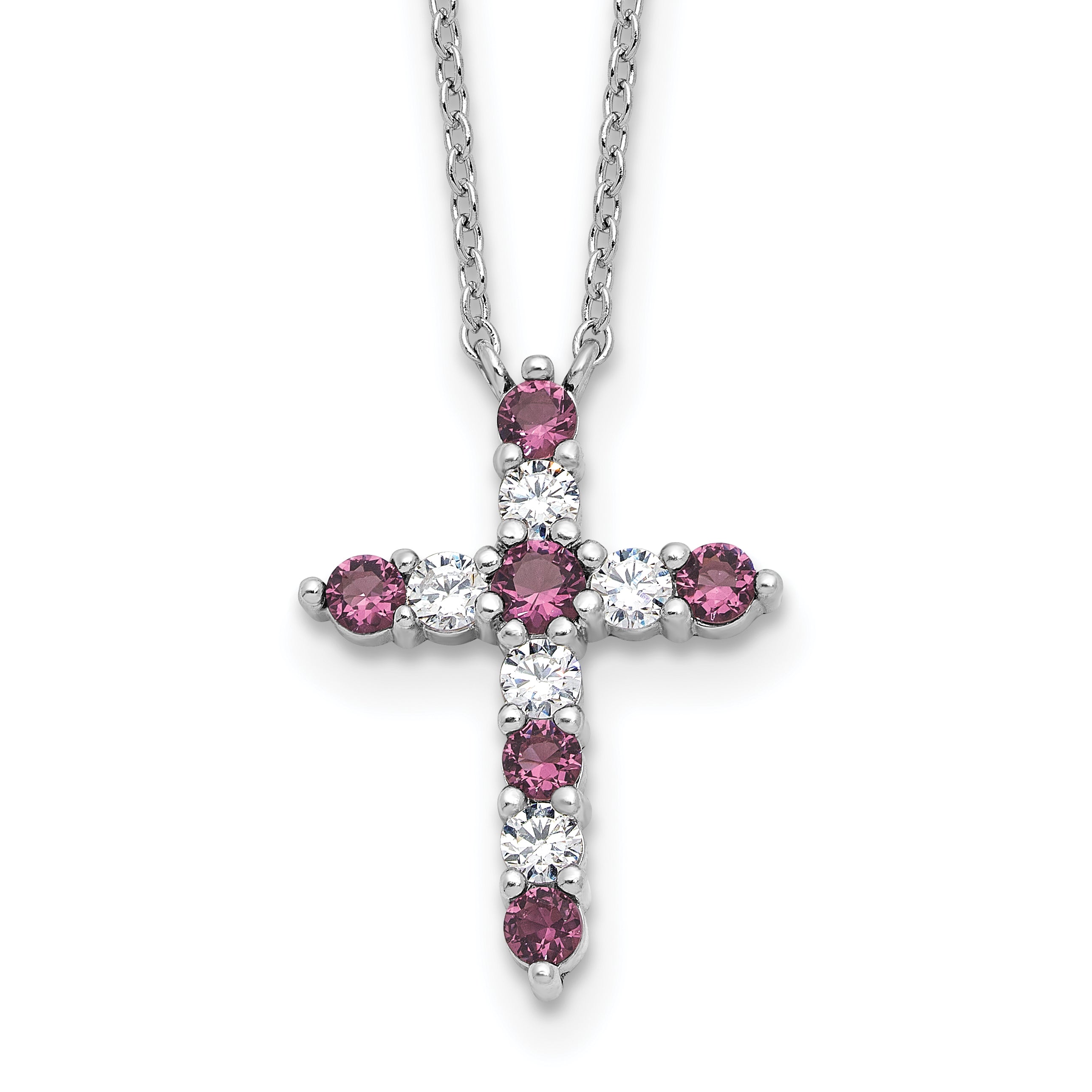 SSRhodium-Rhodium-Plated Purple CZ February Birthstone Cross With 2 Inch Extention Necklace