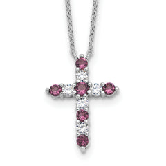 SSRhodium-Rhodium-Plated Purple CZ February Birthstone Cross With 2 Inch Extention Necklace
