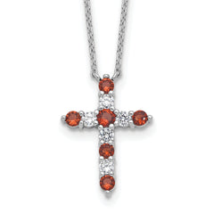SSRhodium-Rhodium-Plated Red CZ January Birthstone Cross With 2 Inch Extention Necklace