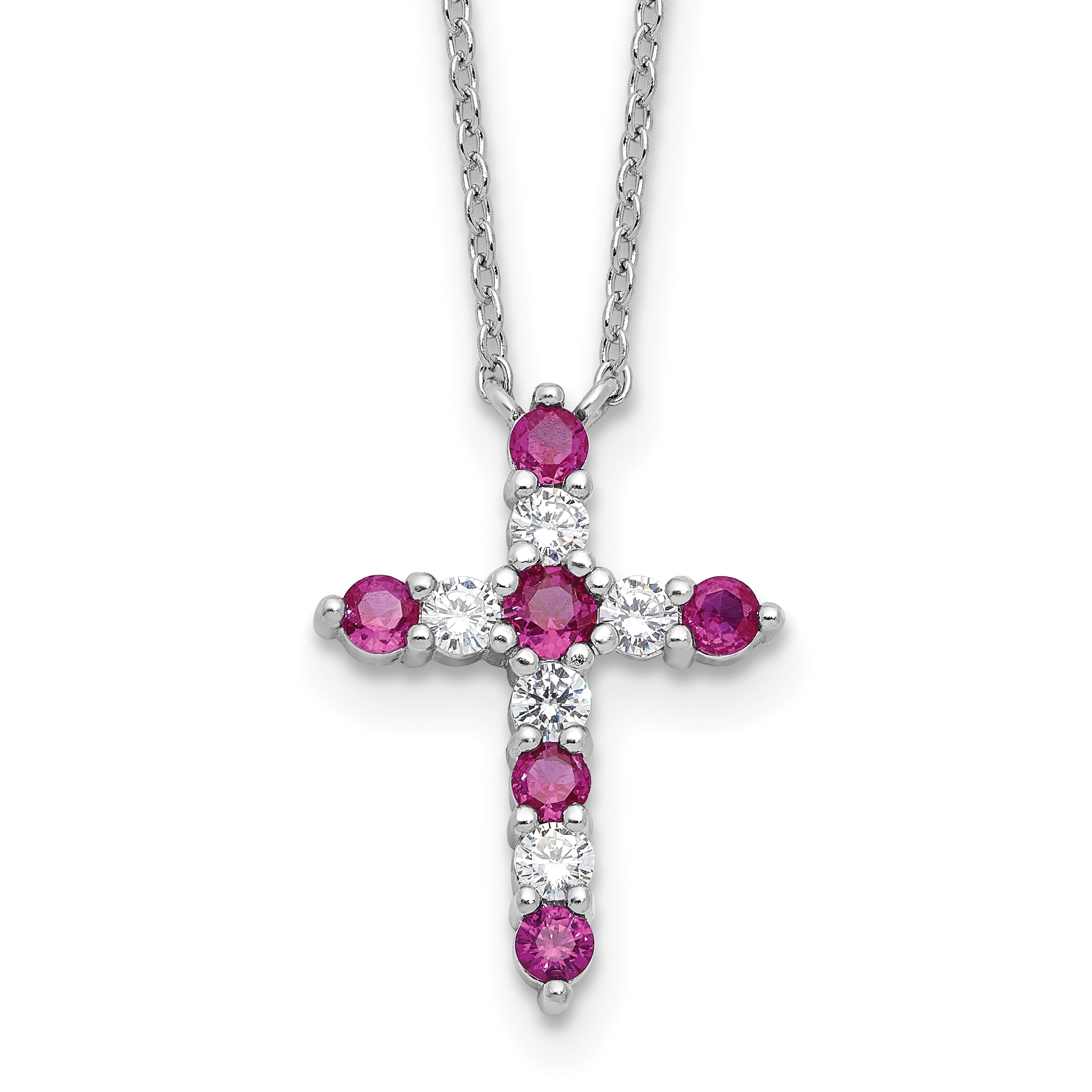 SSRhodium-Rhodium-Plated Dark Pink CZ July Birthstone Cross With 2 Inch Extention Necklace