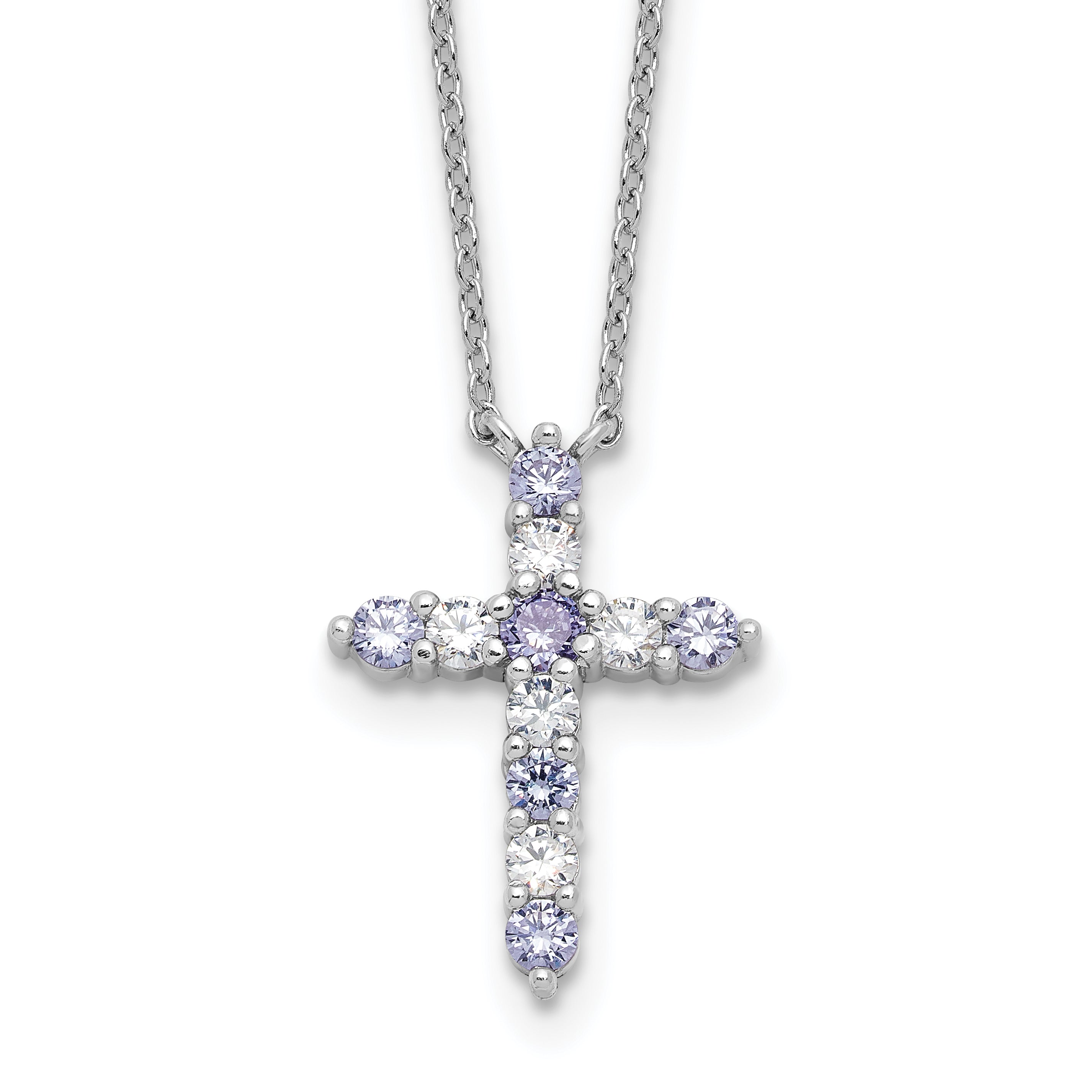 SSRhodium-Rhodium-Plated Lt Purple CZ June Birthstone Cross With 2 Inch Extention Necklace