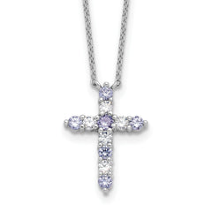 SSRhodium-Rhodium-Plated Lt Purple CZ June Birthstone Cross With 2 Inch Extention Necklace