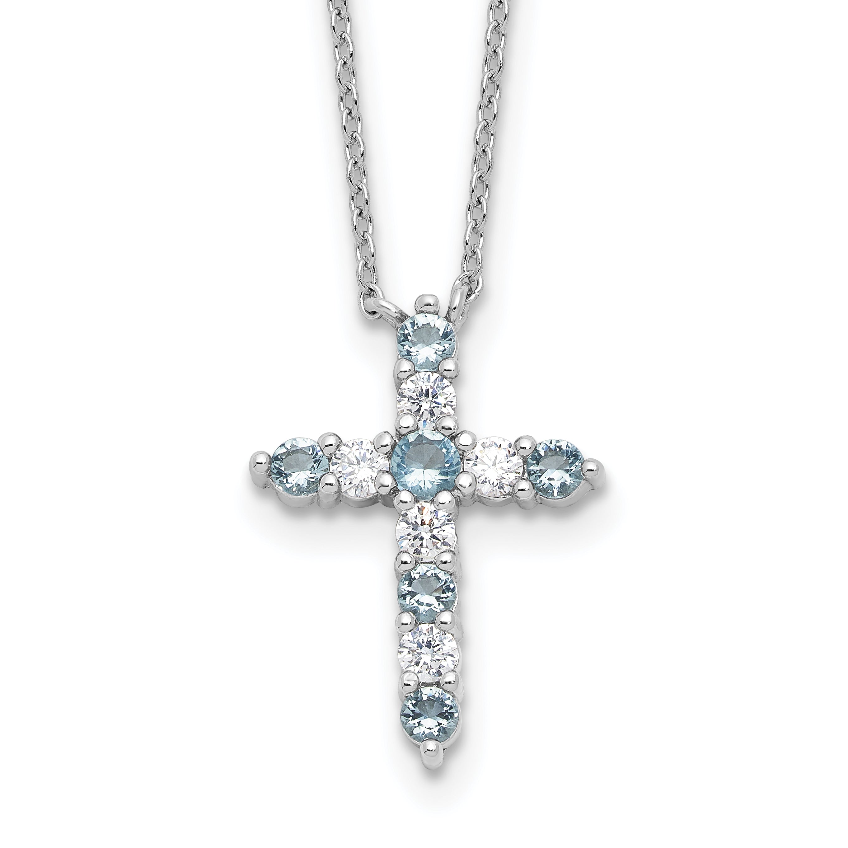 SSRhodium-Rhodium-Plated Lt Blue CZ March Birthstone Cross With 2 Inch Extention Necklace