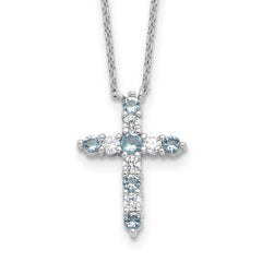 SSRhodium-Rhodium-Plated Lt Blue CZ March Birthstone Cross With 2 Inch Extention Necklace