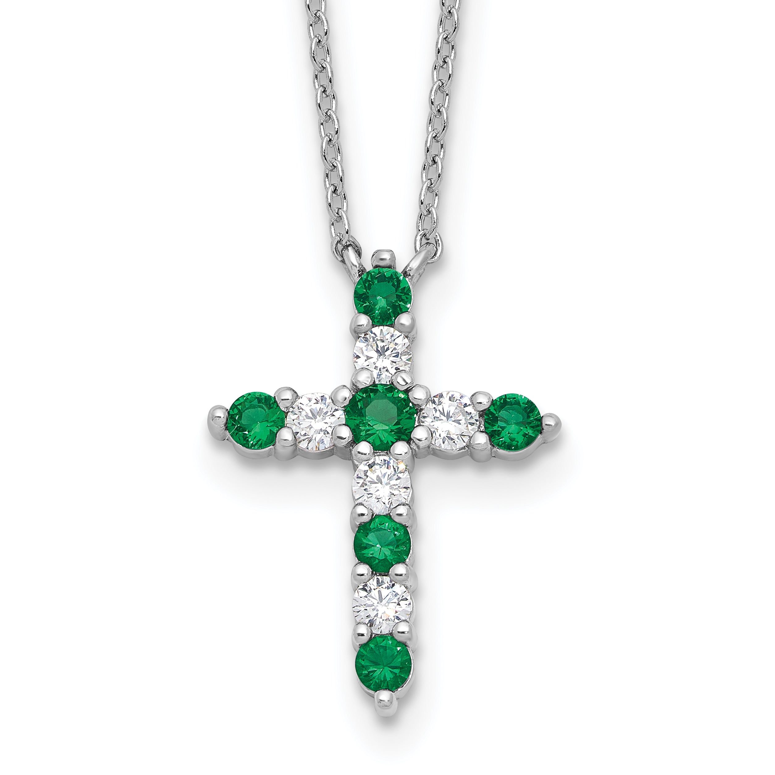 SSRhodium-Rhodium-Plated Green CZ May Birthstone Cross With 2 Inch Extention Necklace