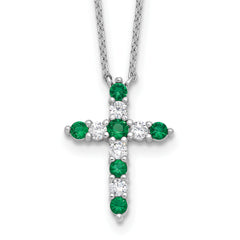 SSRhodium-Rhodium-Plated Green CZ May Birthstone Cross With 2 Inch Extention Necklace