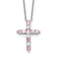 SSRhodium-Rhodium-Plated Pink CZ October Birthstone Cross With 2 Inch Extention Necklace