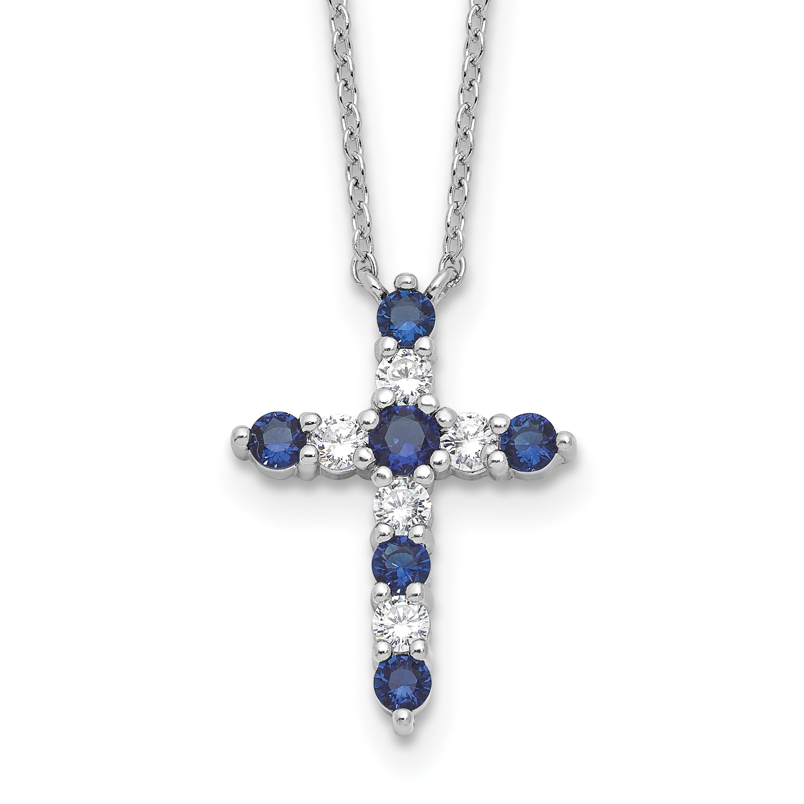 SSRhodium-Rhodium-Plated Dark Blue CZ Sept Birthstone Cross With 2 Inch Extention Necklace