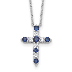 SSRhodium-Rhodium-Plated Dark Blue CZ Sept Birthstone Cross With 2 Inch Extention Necklace
