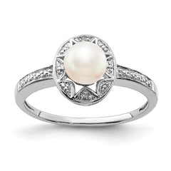 Sterling Silver Rhodium-plated Diam. & FW Cultured Pearl Ring