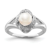 Sterling Silver Rhodium-plated Diam. & FW Cultured Pearl Ring