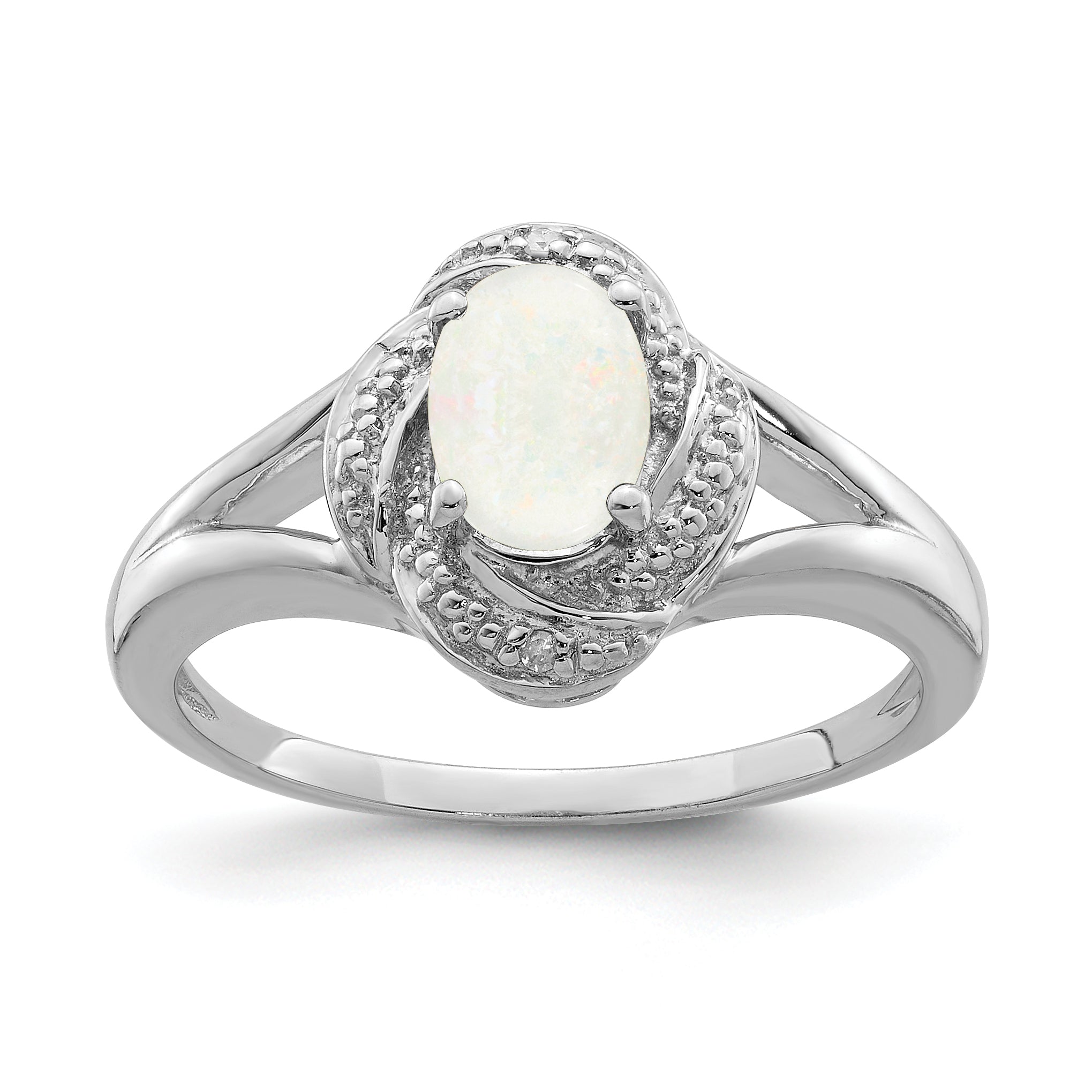 Sterling Silver Rhodium-plated Diam. & Created Opal Ring