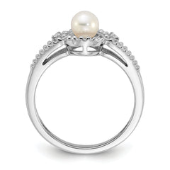 Sterling Silver Rhodium-plated FW Cultured Pearl & Diam. Ring