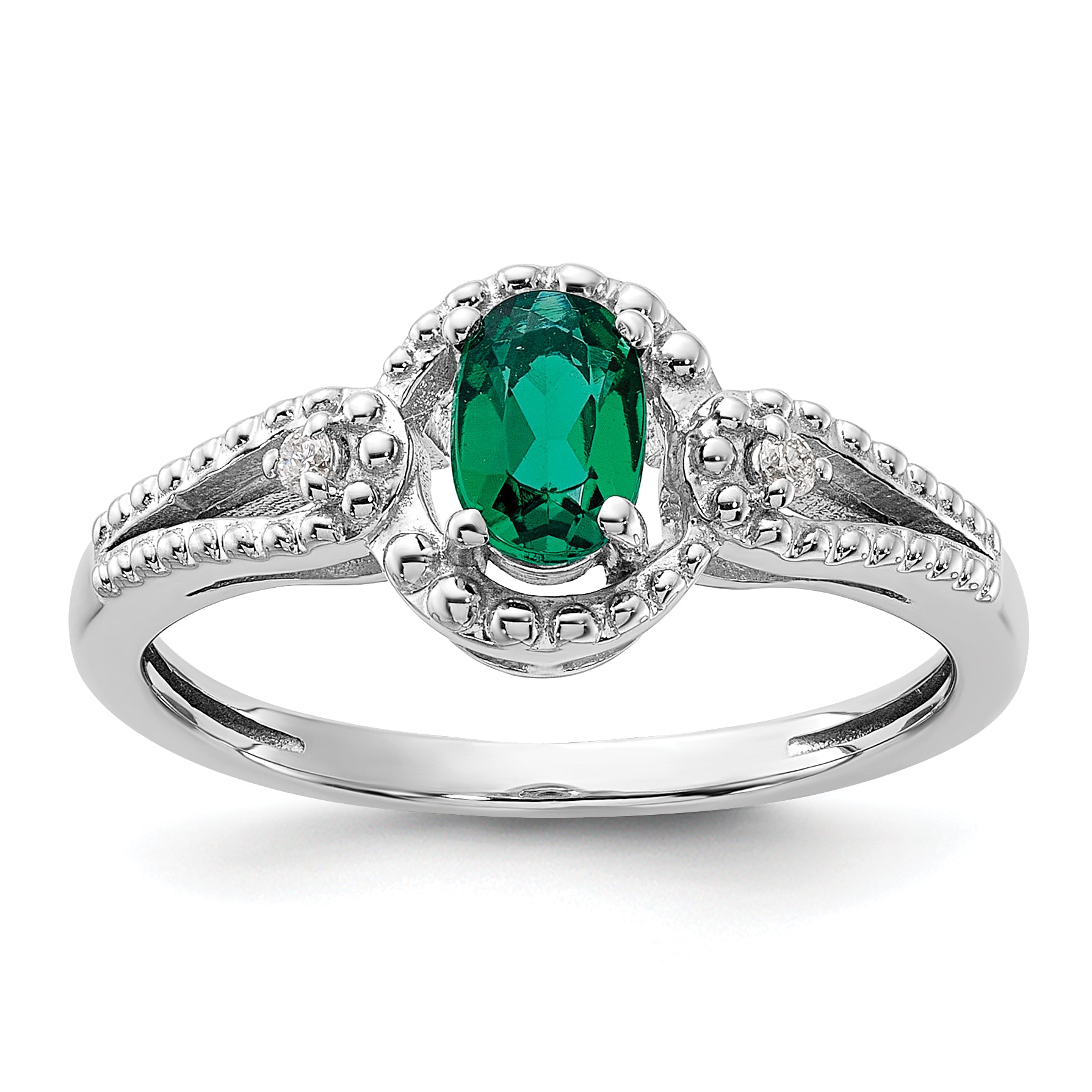 Sterling Silver Rhodium-plated Created Emerald & Diam. Ring