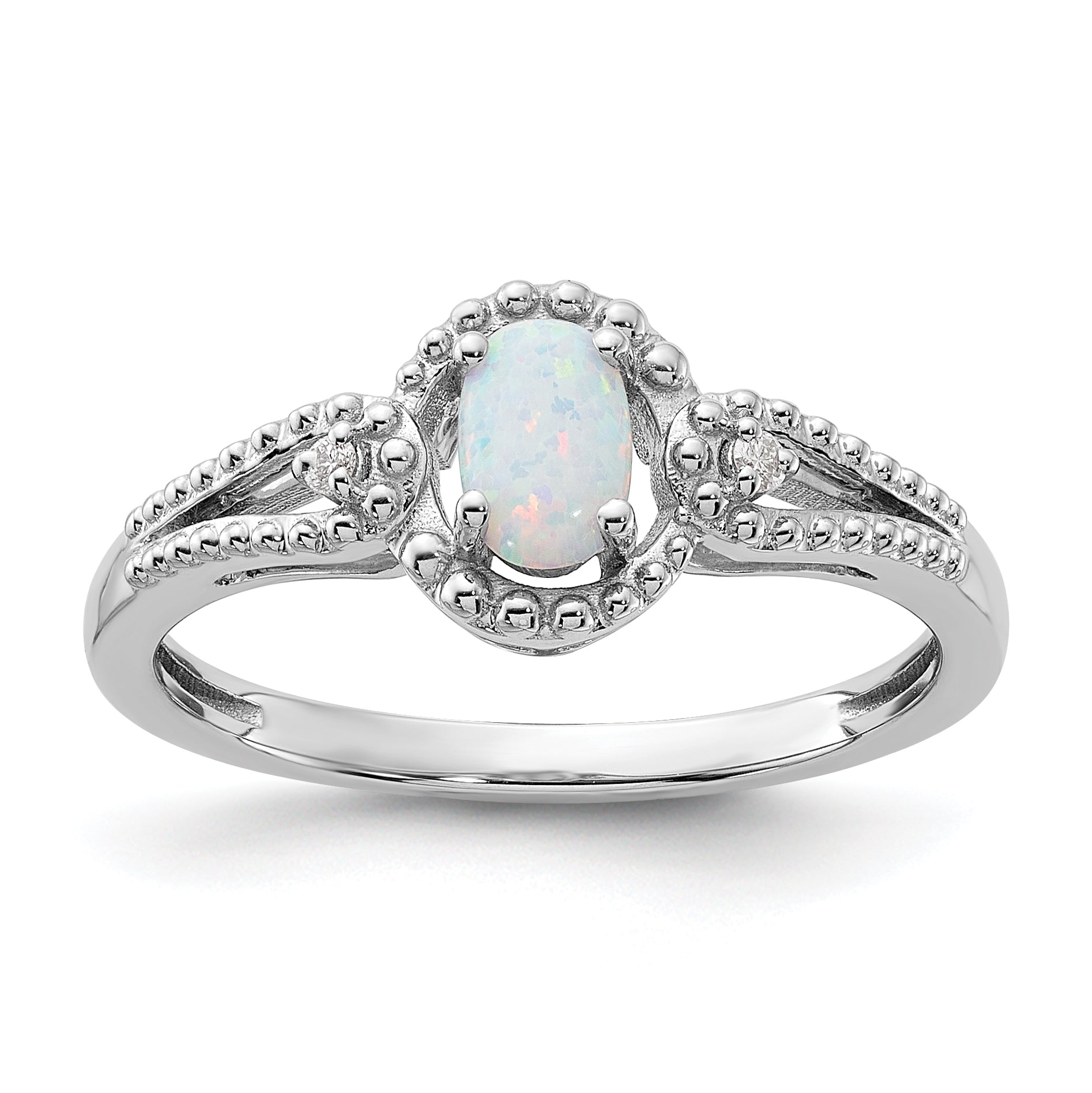 Sterling Silver Rhodium-plated Created Opal & Diam. Ring