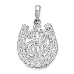 De-Ani Sterling Silver Rhodium-Plated Polished Dollar Sign In Horse Shoe Pendant