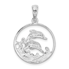 De-Ani Sterling Silver Rhodium-Plated Polished Dolphins Swimming Oval Pendant