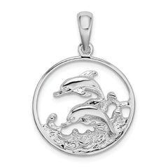 De-Ani Sterling Silver Rhodium-Plated Polished Dolphins Swimming Oval Pendant
