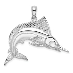 De-Ani Sterling Silver Rhodium-Plated Polished and Satin Striped Marlin Pendant