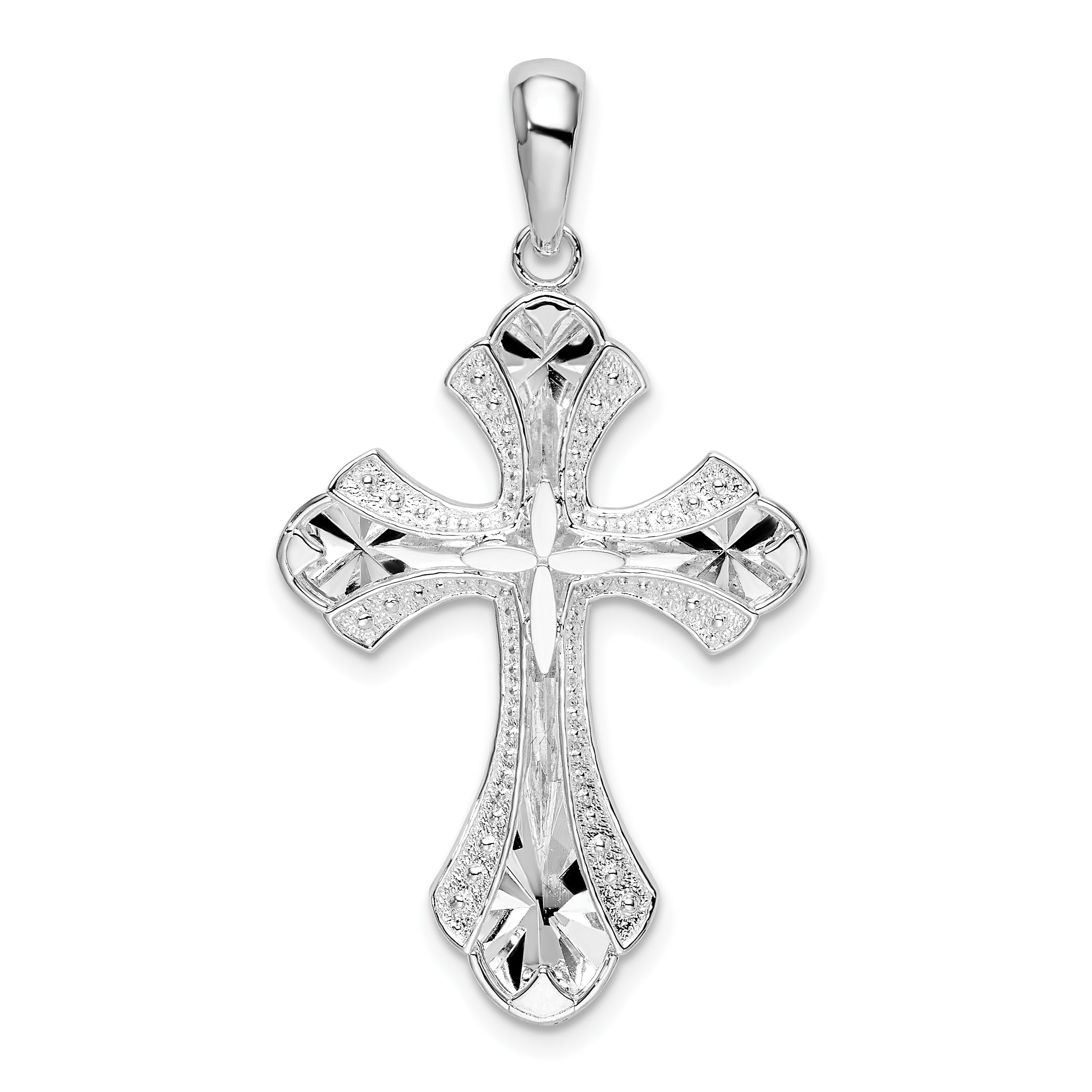 De-Ani Sterling Silver Rhodium-Plated Diamond-Cut Fleur de Lis Cross Pendant