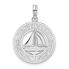 De-Ani Sterling Silver Rhodium-Plated Pentwater Michigan Circle with Sailboat Pendant
