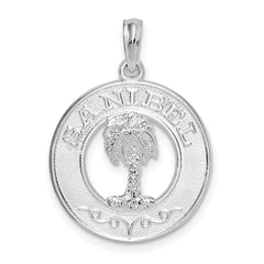 De-Ani Sterling Silver Rhodium-Plated Polished Sanibel Circle with Palm Tree Pendant