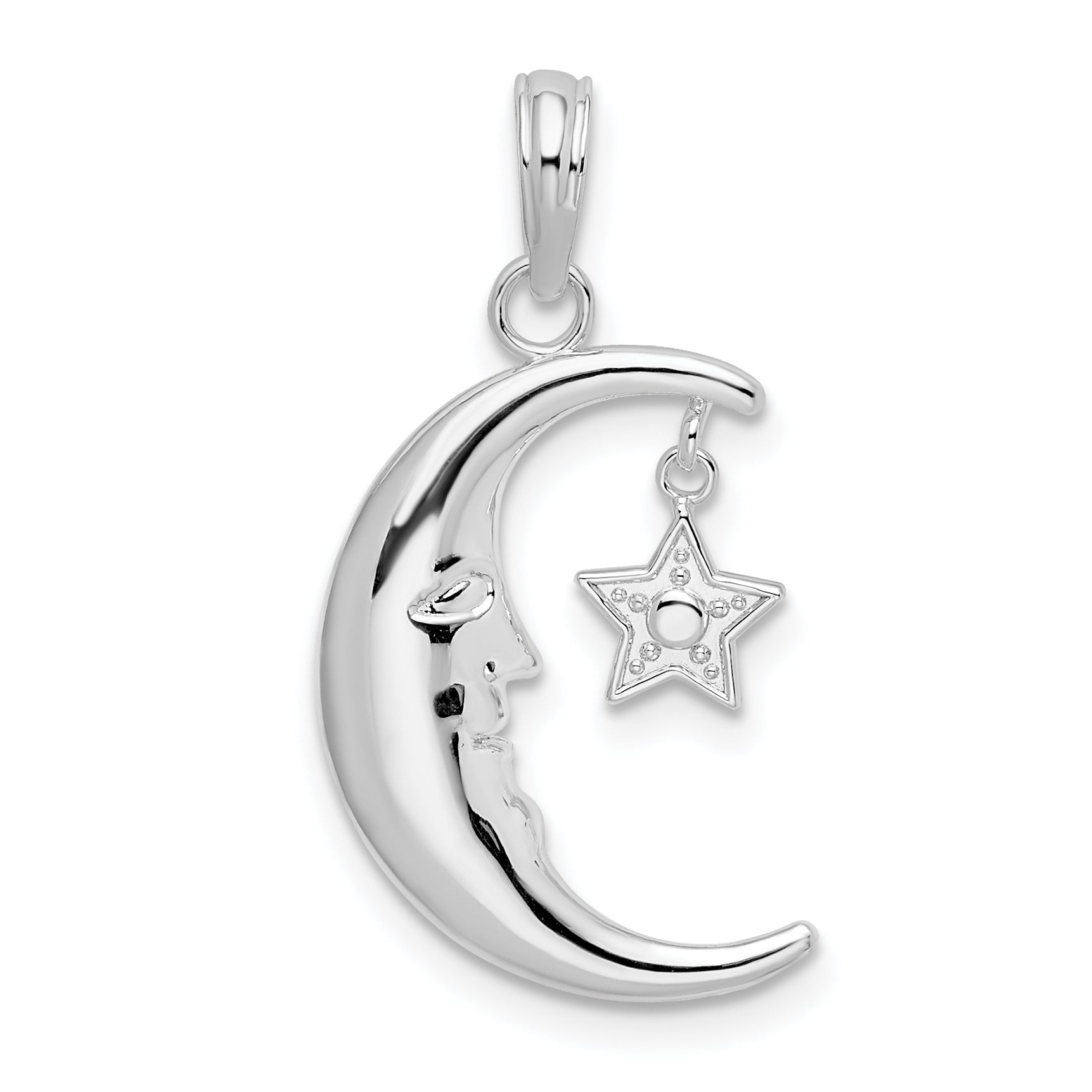 De-Ani Sterling Silver Rhodium-plated Moveable Polished Crescent Moon with Star Pendant