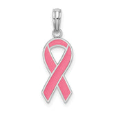 De-Ani Sterling Silver Rhodium-Plated Polished Enameled Pink Ribbon Pendant