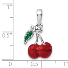 De-Ani Sterling Silver Rhodium-Plated Polished 3D Enameled Cherries Pendant