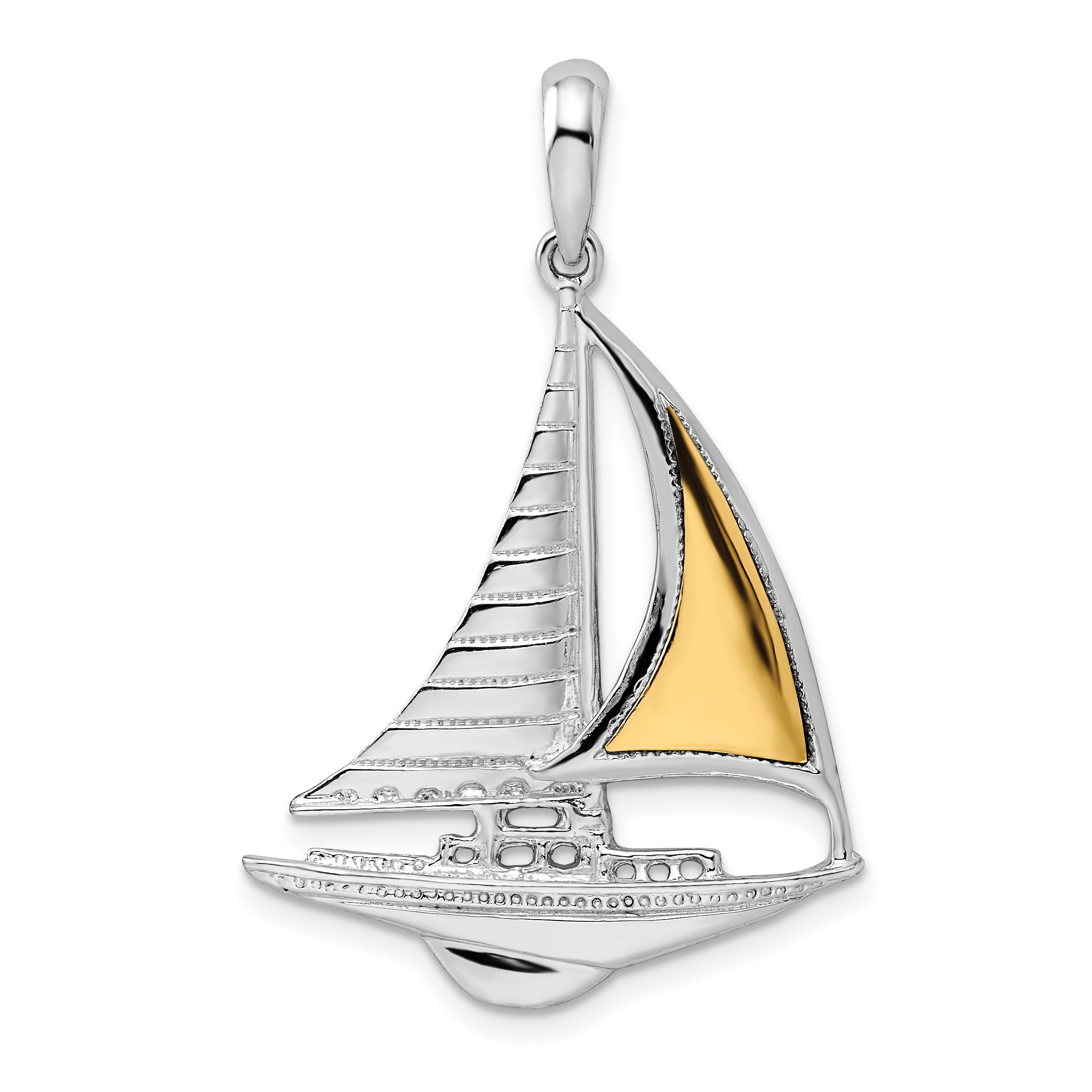 De-Ani Sterling Silver Rhodium-Plated Polished Sailboat with 14k Accent Pendant