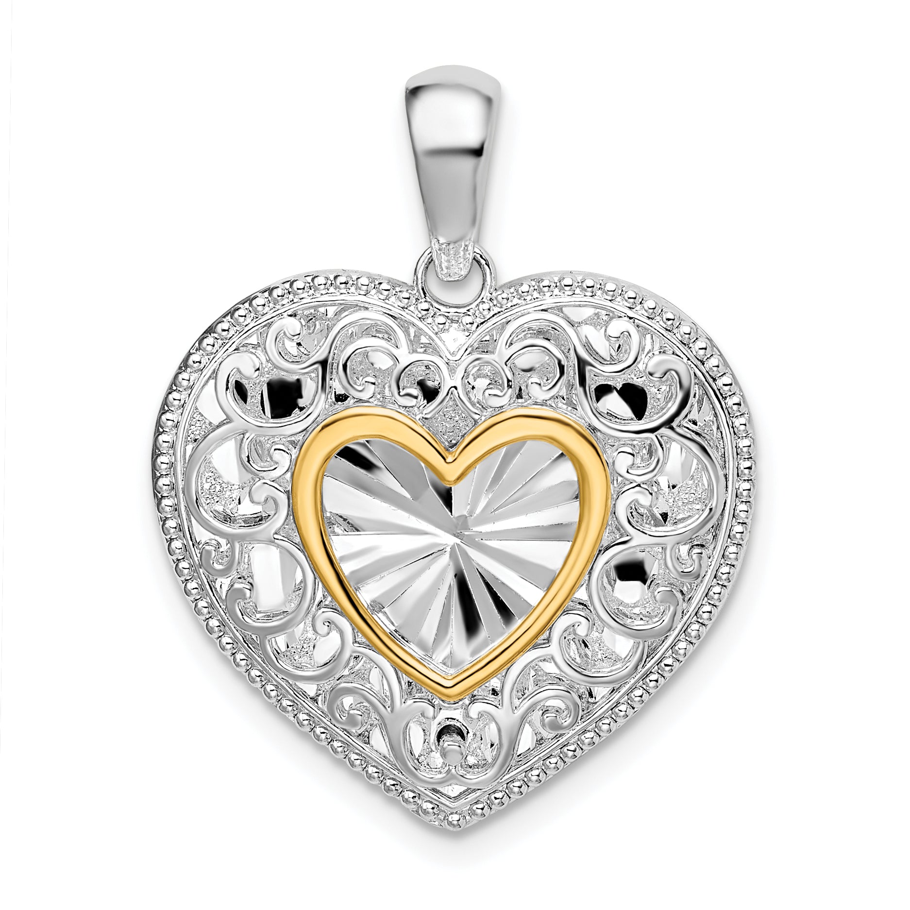 De-Ani Sterling Silver Rhodium-plated Polished Heart with 14k Accent Pendant