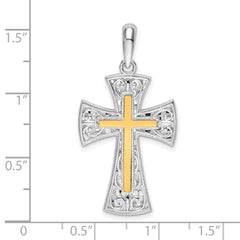 De-Ani Sterling Silver Rhodium-Plated Polished Fancy Cross with 14k Accent Pendant