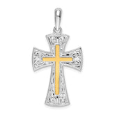 De-Ani Sterling Silver Rhodium-Plated Polished Fancy Cross with 14k Accent Pendant