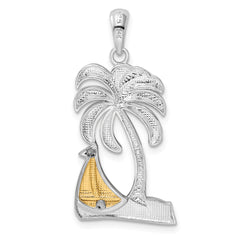 De-Ani Sterling Silver Rhodium-Plated Polished Palm Tree with 14k Sailboat Pendant