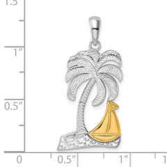 De-Ani Sterling Silver Rhodium-Plated Polished Palm Tree with 14k Sailboat Pendant