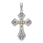 De-Ani Sterling Silver Rhodium-Plated Filigree Budded Cross with 14k Accent Pendant