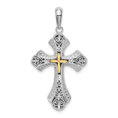 De-Ani Sterling Silver Rhodium-Plated Filigree Budded Cross with 14k Accent Pendant