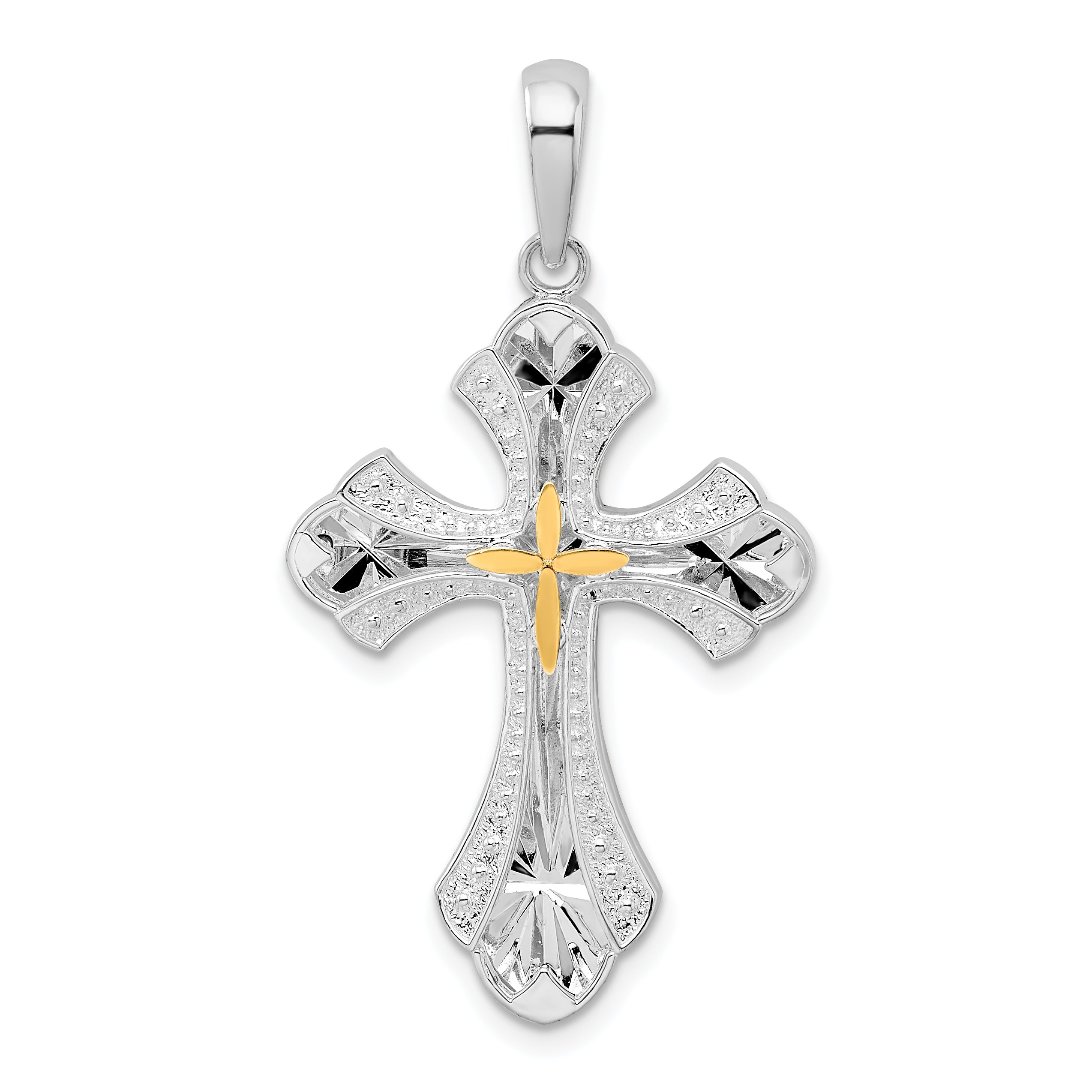 De-Ani Sterling Silver Rhodium-Plated Diamond-Cut Budded Cross with 14k Accent Pendant