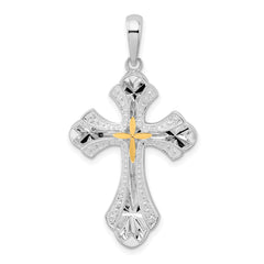 De-Ani Sterling Silver Rhodium-Plated Diamond-Cut Budded Cross with 14k Accent Pendant