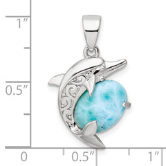 Sterling Silver Rhodium-plated Polished Filigree Dolphin Larimar Pendant