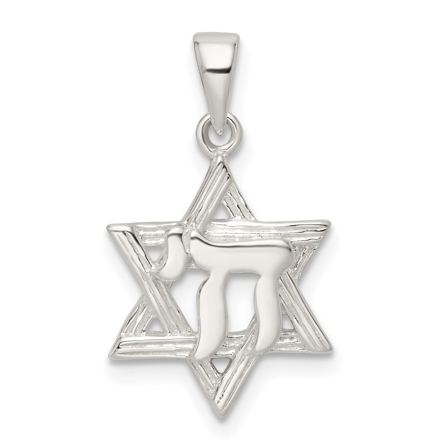 Sterling Silver Polished and D/C Star of David w/Chai Pendant
