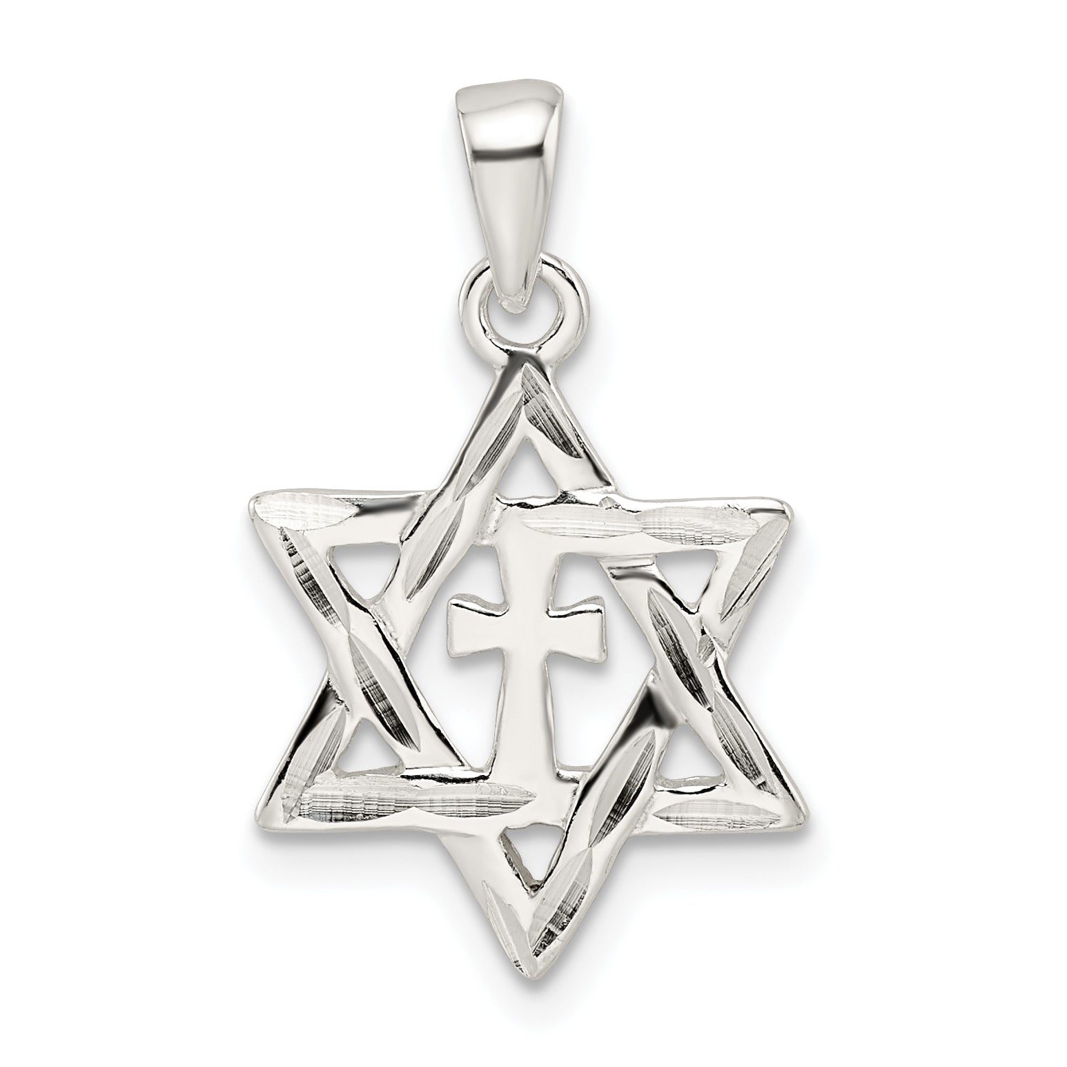 Sterling Silver Polished and D/C Star of David w/Cross Pendant