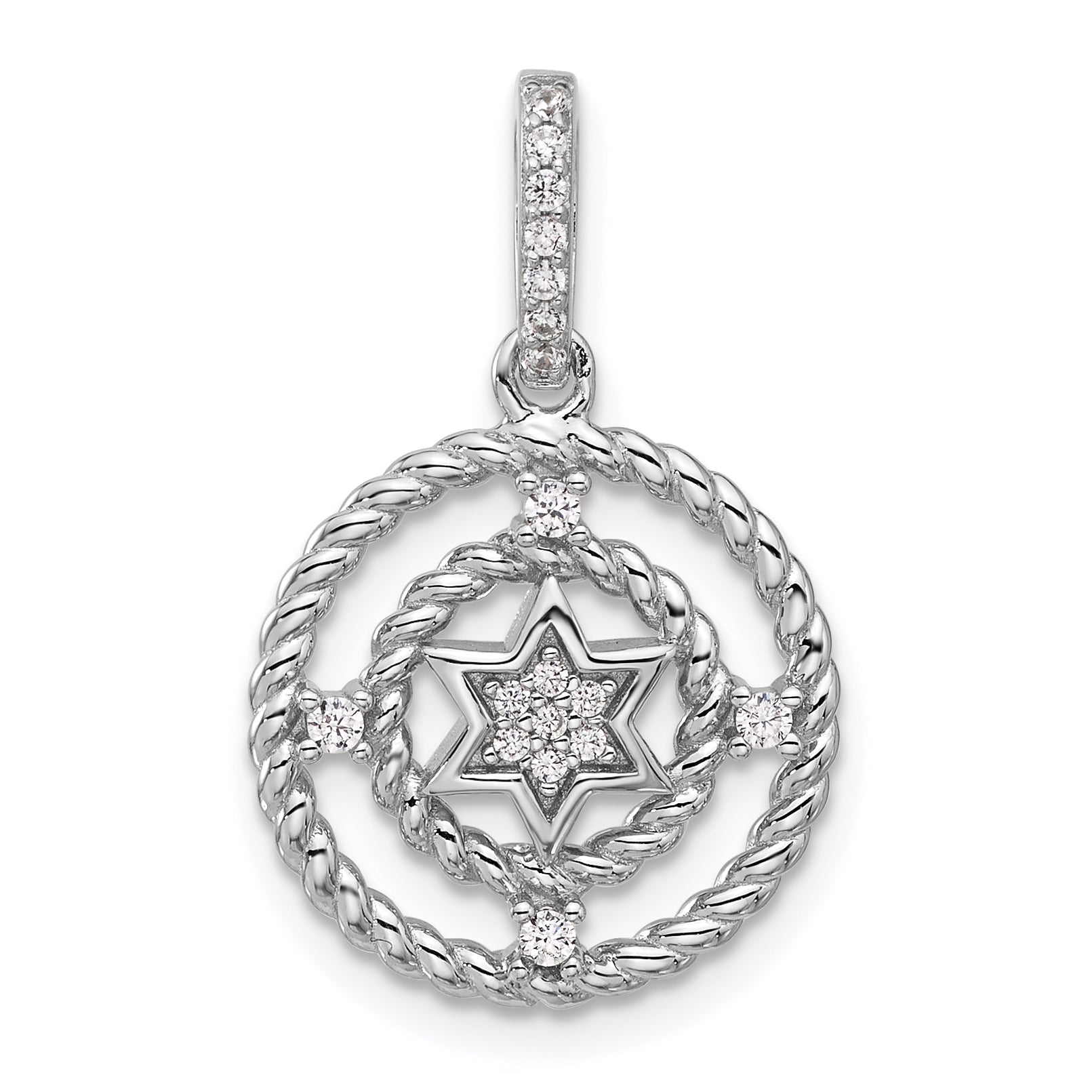 Pure Fire Sterling Silver Rhod-plated Fancy CZ Circle w/Star Pendant