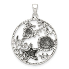 Sterling Silver Polished and Antiqued Sea Life Circle Pendant