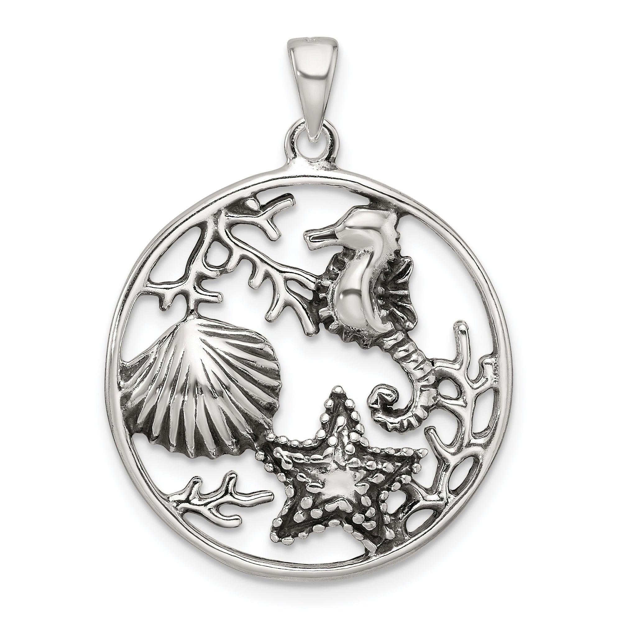 Sterling Silver Polished and Antiqued Sea Life Circle Pendant