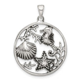 Sterling Silver Polished and Antiqued Sea Life Circle Pendant