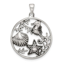 Sterling Silver Polished and Antiqued Sea Life Circle Pendant
