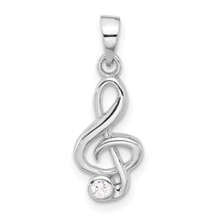 Sterling Silver Rhodium-plated CZ Treble Clef Pendant