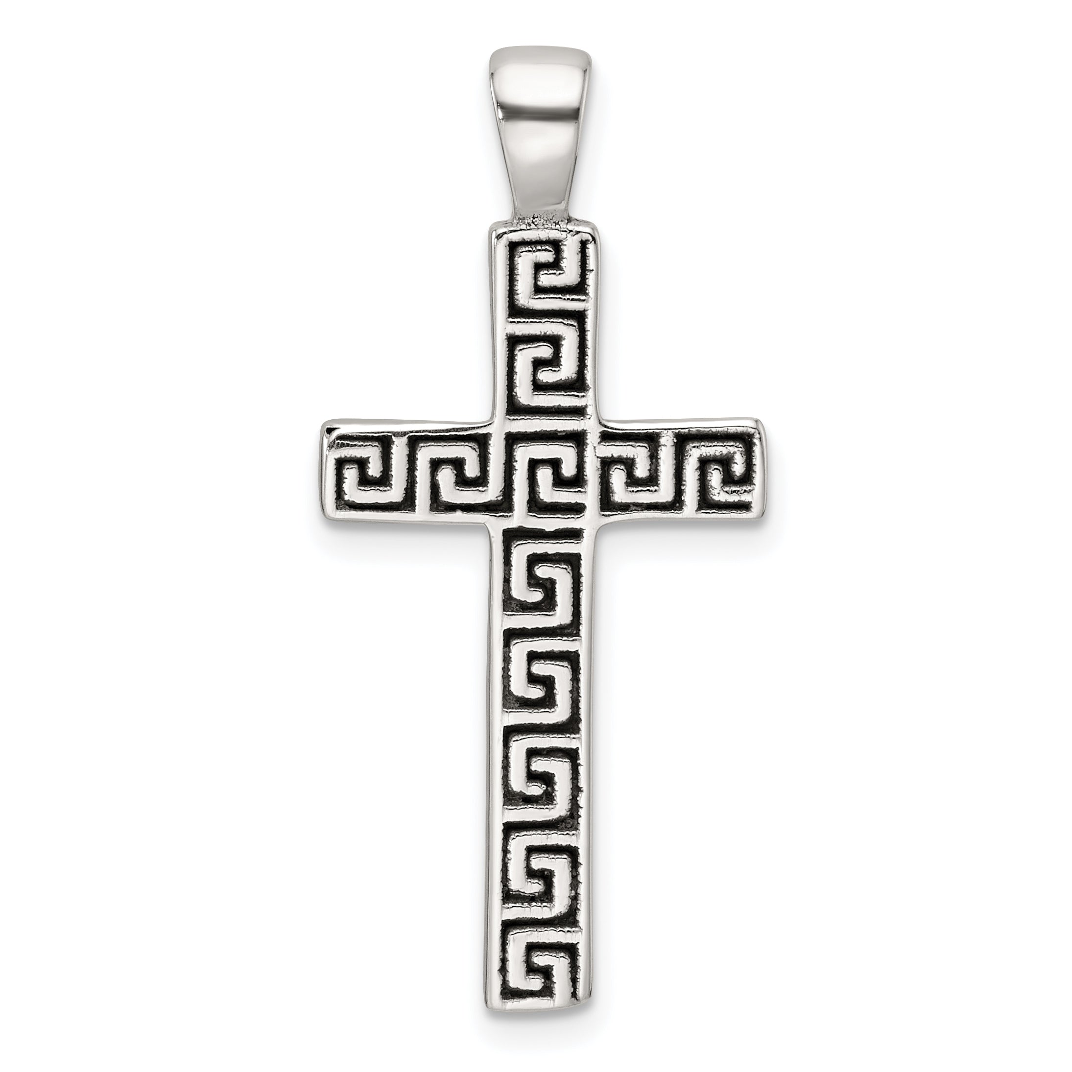 Sterling Silver Polished and Antiqued Greek Key Latin Cross Pendant
