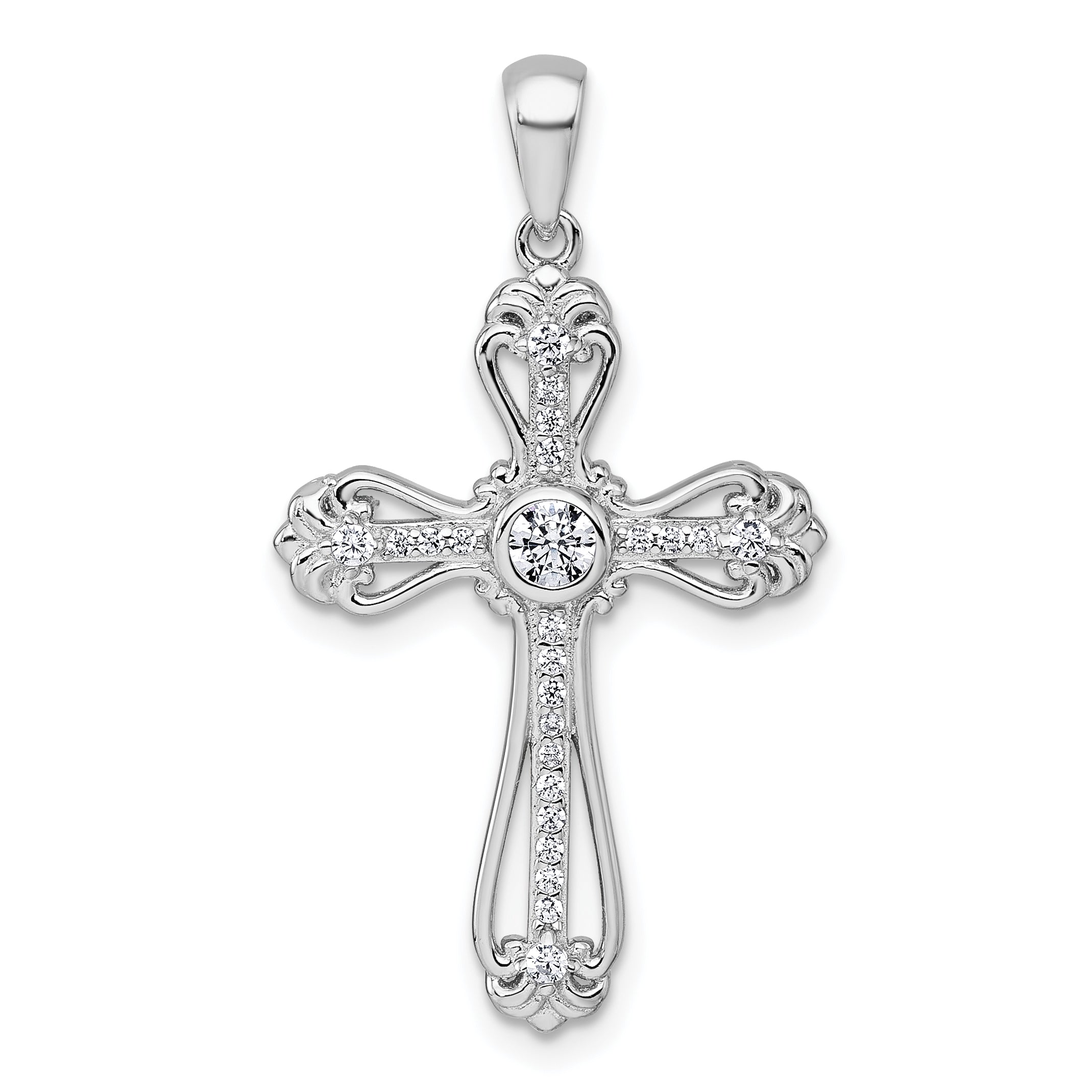 Sterling Silver Rhodium-plated Polished Fancy CZ Cross Pendant